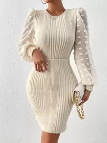 SHEIN Essnce Contrast Swiss Dot Mesh Lantern Sleeve Bodycon Dress - Apricot - View 1