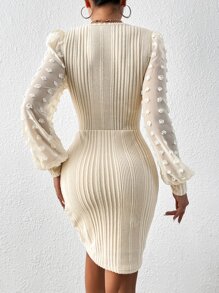 SHEIN Essnce Contrast Swiss Dot Mesh Lantern Sleeve Bodycon Dress - Apricot - View 2