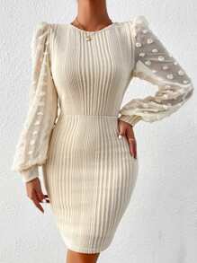 SHEIN Essnce Contrast Swiss Dot Mesh Lantern Sleeve Bodycon Dress - Apricot - View 3