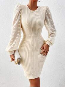 SHEIN Essnce Contrast Swiss Dot Mesh Lantern Sleeve Bodycon Dress - Apricot - View 4