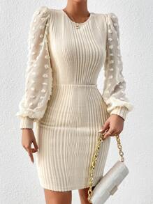 SHEIN Essnce Contrast Swiss Dot Mesh Lantern Sleeve Bodycon Dress - Apricot - View 5