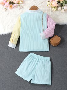 Toddler Girls Striped & Letter Patched Detail Shirt & Shorts without Cami Top - Multicolor - View 2