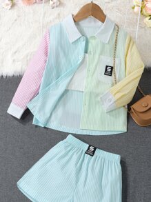 Toddler Girls Striped & Letter Patched Detail Shirt & Shorts without Cami Top - Multicolor - View 3