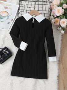 SHEIN Vestido de joven con cuello de contraste y espalda con cierre de llave