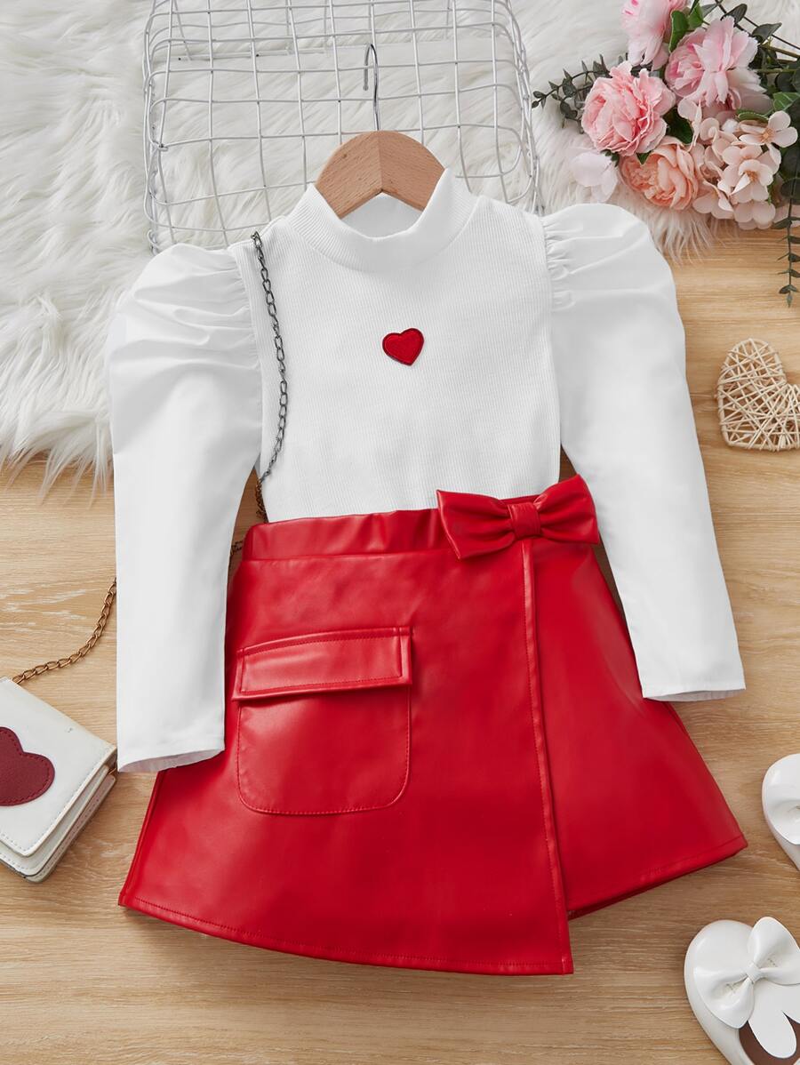 SHEIN Leap Crew Cô Gái Trẻ In Trái tim Tay áo Áo thun & Nơ mặt trước Viền không đối xứng Váy - Đỏ và trắng - Xem 1