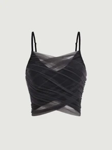 SHEIN MOD Ruched Mesh Cami Top - Dark Grey - View 1