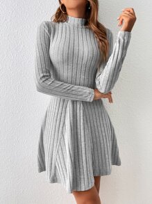 Mock Neck Ribbed Knit A Line Grey Dress Winter Casual - Light Grey - View 1