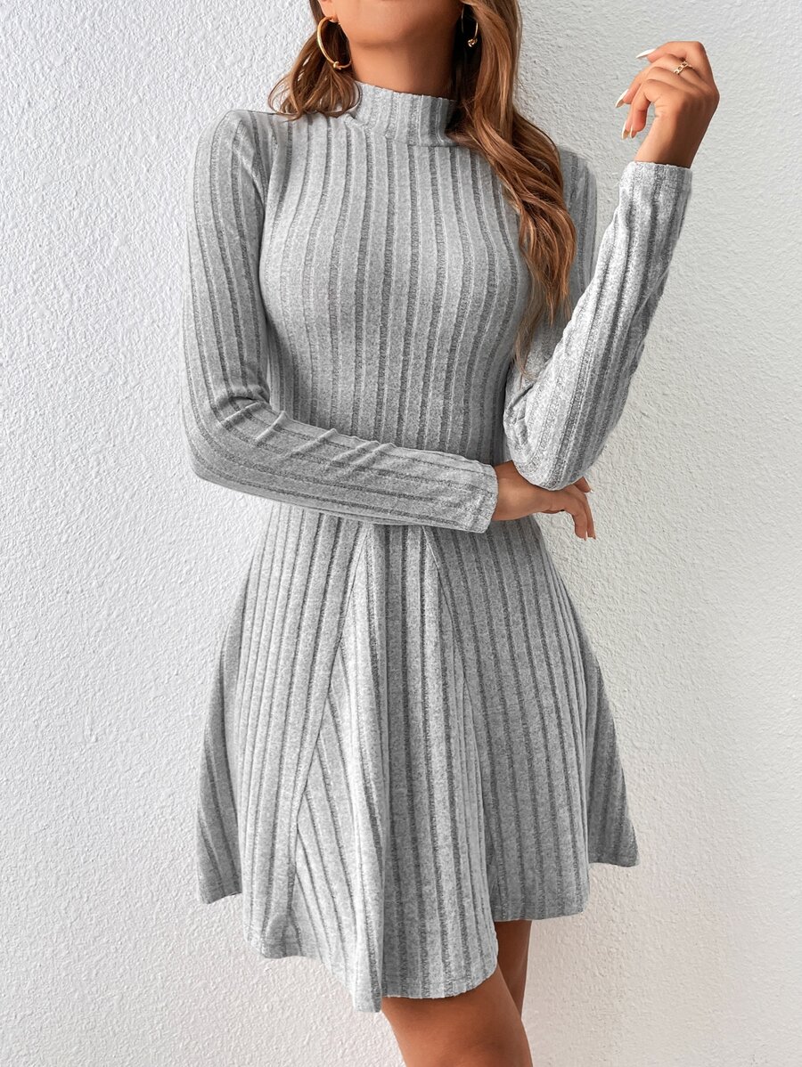 Mock Neck Ribbed Knit A Line Grey Dress Winter Casual - Light Grey - View 1