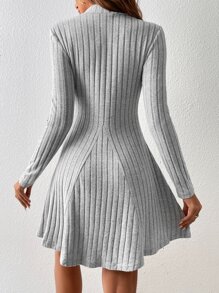 Mock Neck Ribbed Knit A Line Grey Dress Winter Casual - Light Grey - View 2