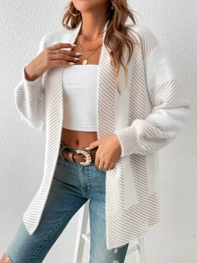 SHEIN Frenchy 秋冬条纹落肩长袖开衫、长袖上衣