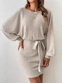 SHEIN Frenchy Đầm Thắt lưng màu trơn Giải trí - Màu be - Xem 3