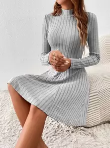 Mock Neck Ribbed Knit A Line Grey Dress Winter Casual - Light Grey - View 5