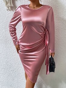 Plus Knot Side Asymmetrical Hem Satin Dress - Baby Pink - View 1