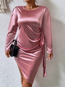 Plus Knot Side Asymmetrical Hem Satin Dress - Baby Pink - View 6