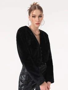 Eun 素色前紐扣毛茸茸外套 - 黑色 - 查看 3