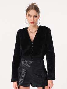 Eun 素色前紐扣毛茸茸外套 - 黑色 - 查看 5