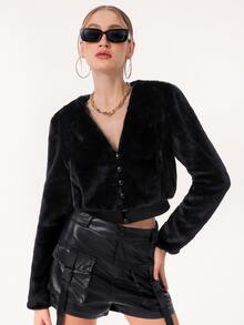 Eun 素色前紐扣毛茸茸外套 - 黑色 - 查看 6