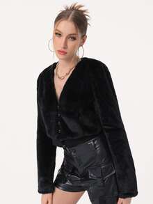 Eun 素色前紐扣毛茸茸外套 - 黑色 - 查看 7