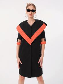 QIN LIN Contrast Panel Cut Out Sleeve Overcoat - Black - View 1