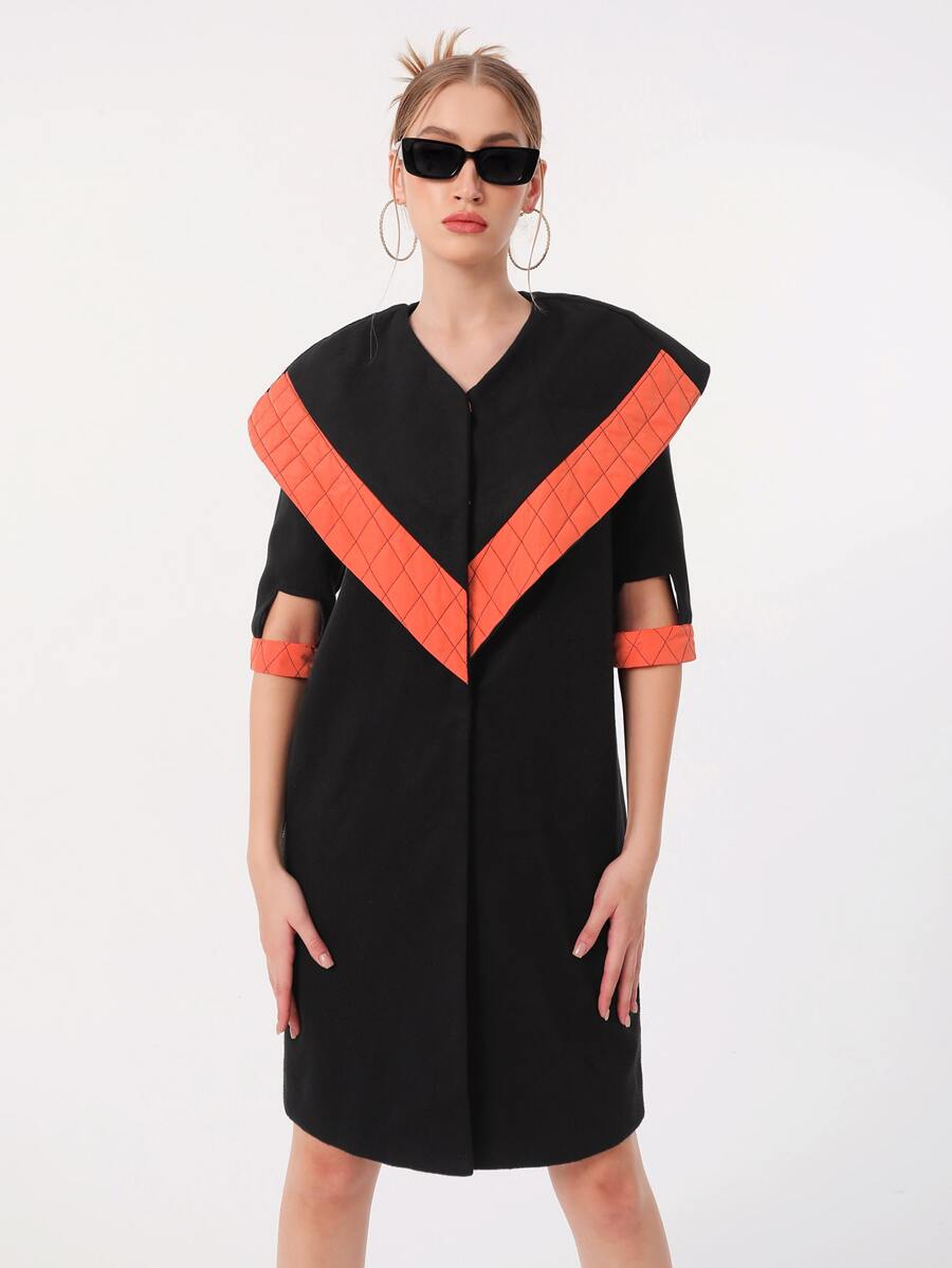 QIN LIN Contrast Panel Cut Out Sleeve Overcoat - Black - View 1