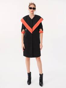 QIN LIN Contrast Panel Cut Out Sleeve Overcoat - Black - View 3