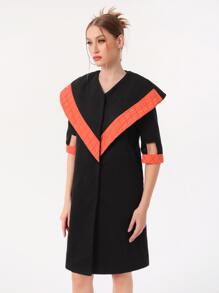 QIN LIN Contrast Panel Cut Out Sleeve Overcoat - Black - View 7