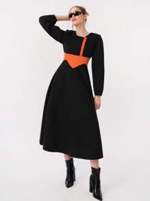 QIN LIN Đầm Xếp li Nút phía trước Khối Màu Thanh lịch - màu đen - Xem 1