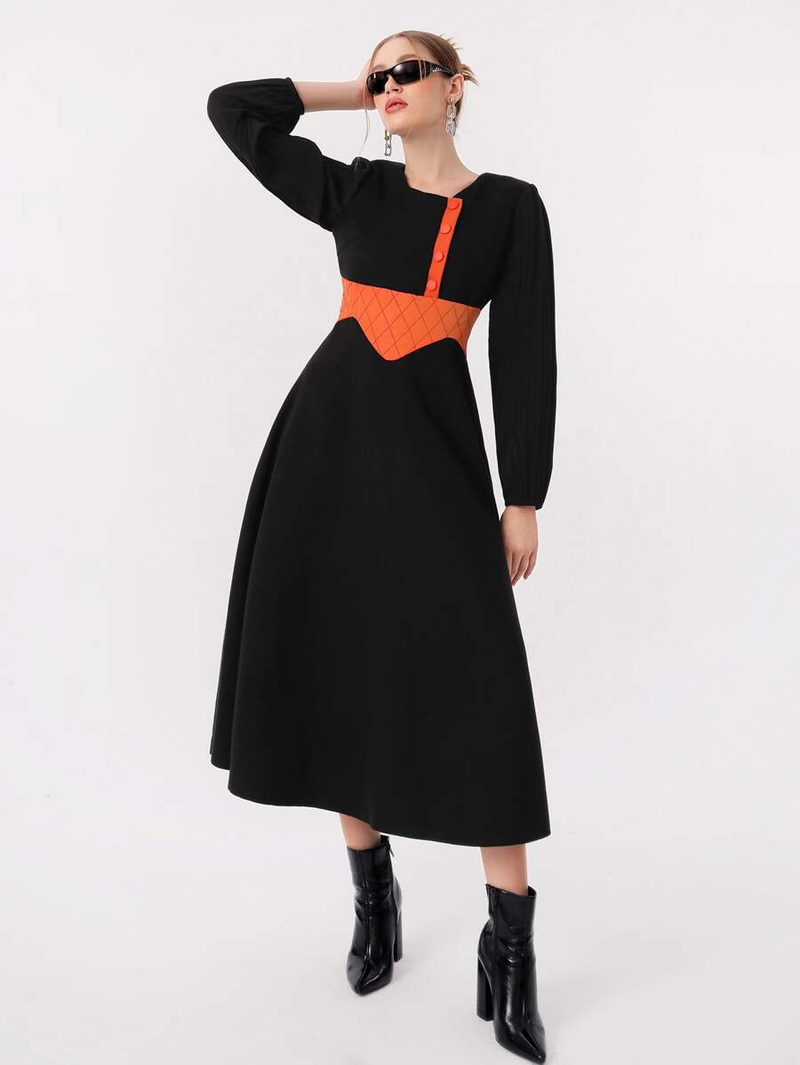 QIN LIN Đầm Xếp li Nút phía trước Khối Màu Thanh lịch - màu đen - Xem 1