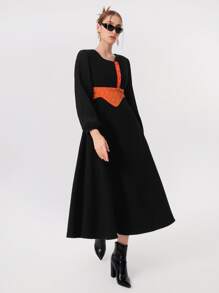 QIN LIN Đầm Xếp li Nút phía trước Khối Màu Thanh lịch - màu đen - Xem 4