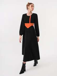 QIN LIN Đầm Xếp li Nút phía trước Khối Màu Thanh lịch - màu đen - Xem 5