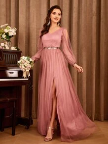 Women's V-Neck Lantern Sleeve High Slit Bridesmaid Party Dress Elegant Long Sleeve Dress - Coral Pink - View 1