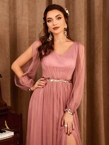 Women's V-Neck Lantern Sleeve High Slit Bridesmaid Party Dress Elegant Long Sleeve Dress - Coral Pink - View 4