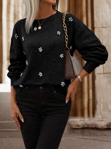 SHEIN LUNE Rhinestone Detail Drop Shoulder Jumper - Black - View 5