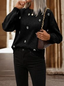 SHEIN LUNE Rhinestone Detail Drop Shoulder Jumper - Black - View 6