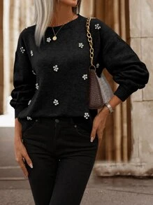 SHEIN LUNE Rhinestone Detail Drop Shoulder Jumper - Black - View 7