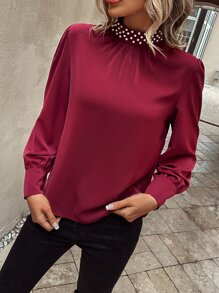 SHEIN Clasi Pearls Beaded Puff Sleeve Keyhole Back Blouse - Burgundy - View 1