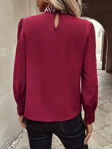 SHEIN Clasi Pearls Beaded Puff Sleeve Keyhole Back Blouse - Burgundy - View 2