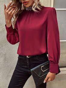 SHEIN Clasi Pearls Beaded Puff Sleeve Keyhole Back Blouse - Burgundy - View 3