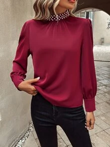 SHEIN Clasi Pearls Beaded Puff Sleeve Keyhole Back Blouse - Burgundy - View 5