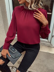 SHEIN Clasi Pearls Beaded Puff Sleeve Keyhole Back Blouse - Burgundy - View 6