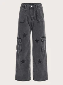 ROMWE Star Print Flap Pocket Cargo Jeans - Dark Grey - View 1