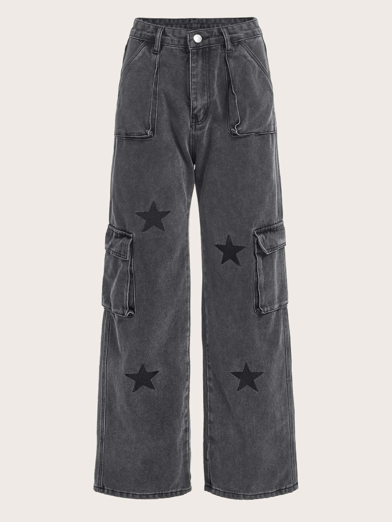 ROMWE Star Print Flap Pocket Cargo Jeans - Dark Grey - View 1