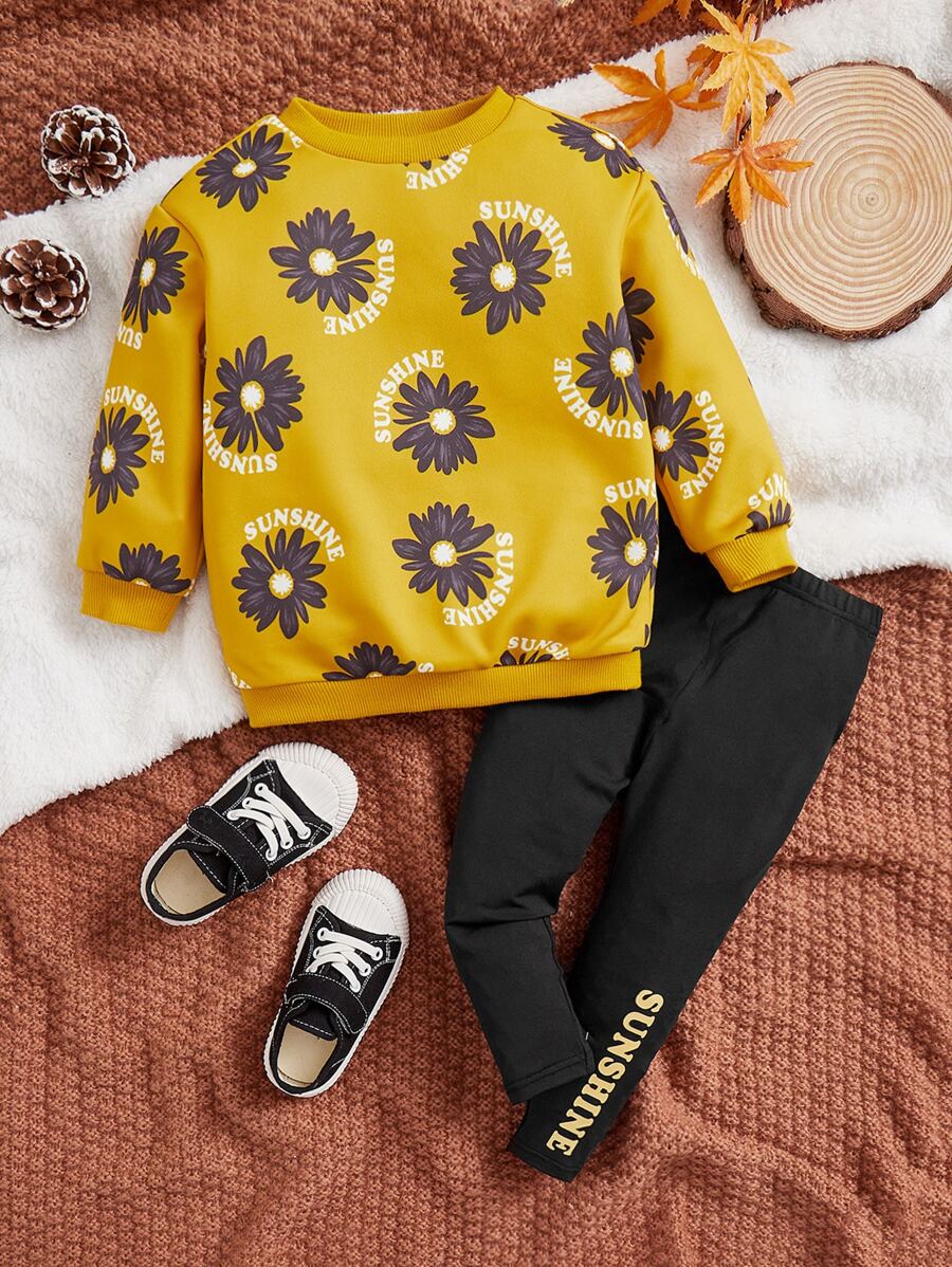 SHEIN Leap Crew 嬰兒女孩花卉印花運動衫和字母圖形打底褲 - 彩色 - 查看 1