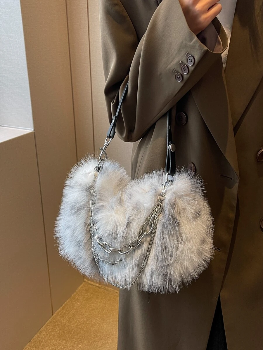 Chain Decor Fuzzy Hobo Bag - Grey - View 1