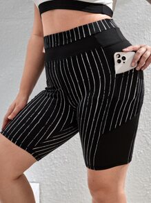 Plus Striped Sports Shorts With Phone Pocket - Black - View 3