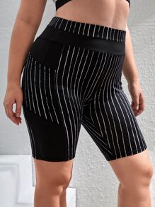 Plus Striped Sports Shorts With Phone Pocket - Black - View 1