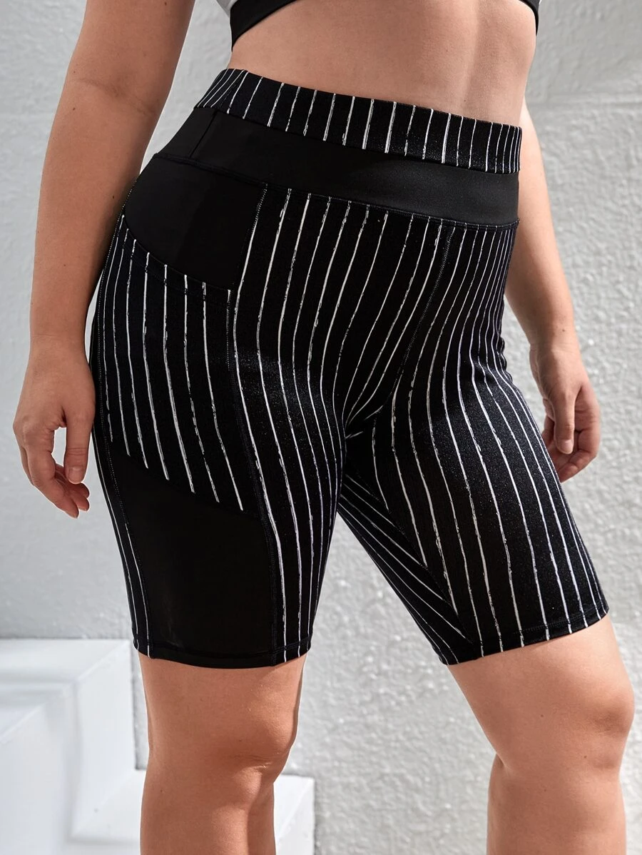 Plus Striped Sports Shorts With Phone Pocket - Black - View 1