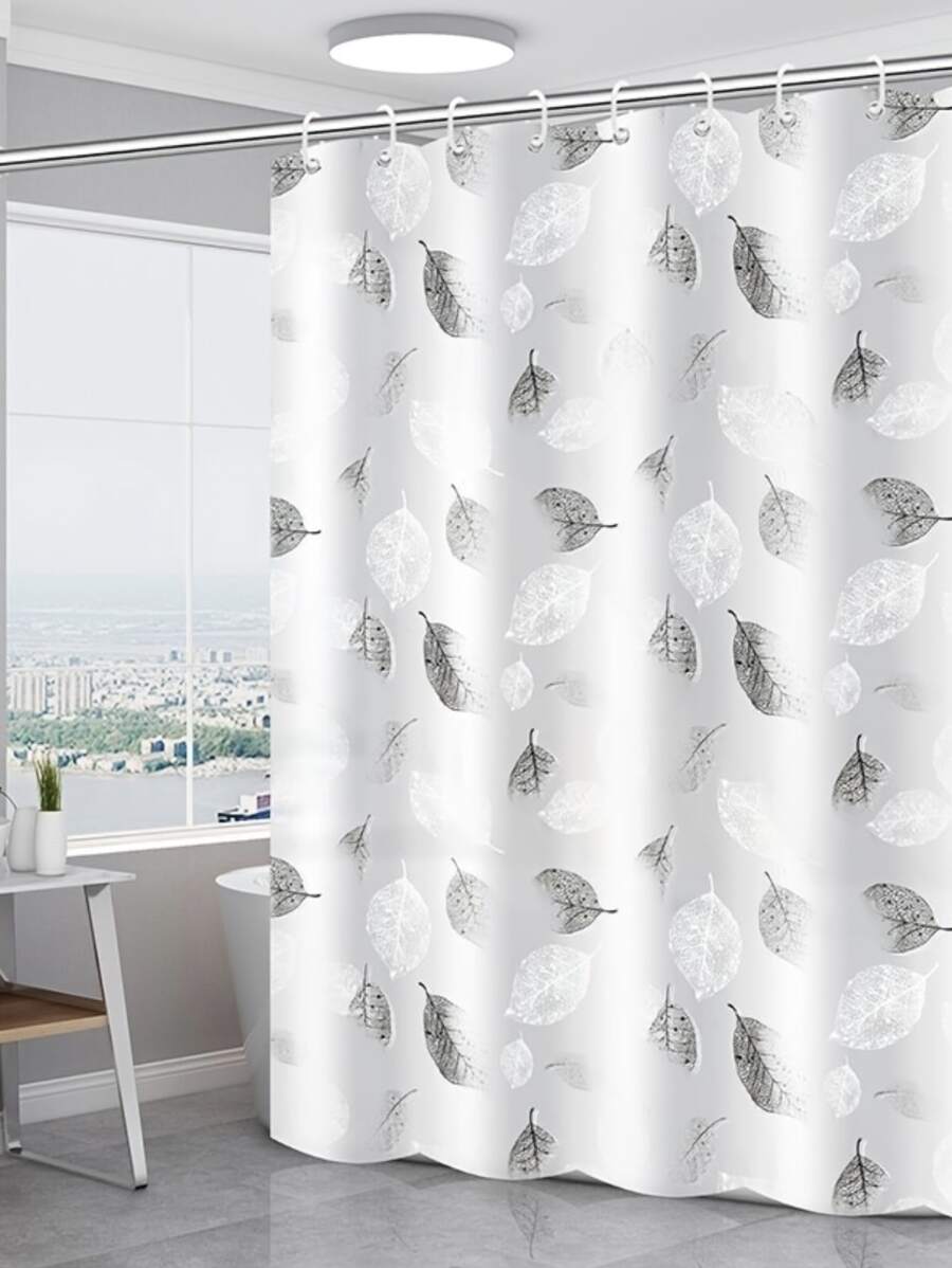 Leaf Bathroom Shower Curtain Set With Hook - Black and White - View 1
