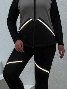 Plus Lightweight Colourblock Contrast Panel Raglan Sleeve Hooded Sports Jacket & Leggings - Black - View 2