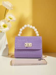Girls Faux Pearl Decor Crocodile Embossed Chain Flap Square Bag - Purple - View 2
